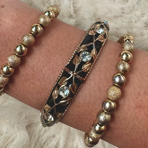 Vintage 🖤 Black & Gold Tone Enamel Stretch Bangle Bracelet Rhinestone Art Deco - Picture 10 of 10